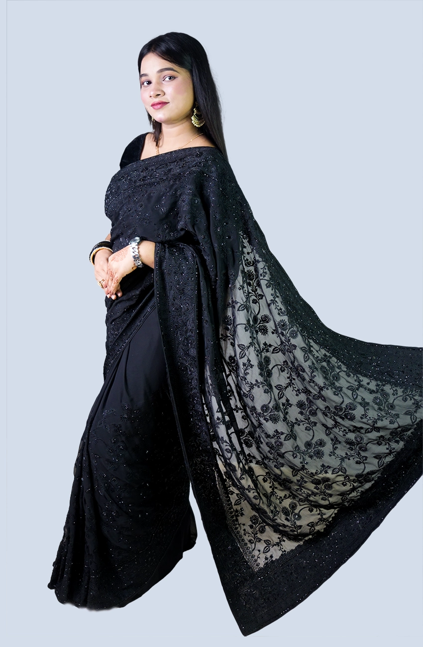 Black Soft Chiffon Georgette Saree with Elegant Stone & Embroidery Work